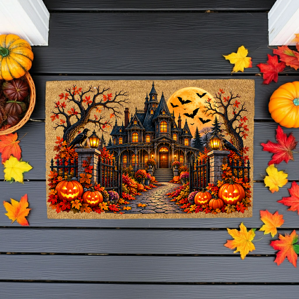 Spooky Mansion Doormat, Haunted House Halloween Welcome Mat, Raven & Pumpkin Coir Doormat, Gothic Fall Porch Decor, Halloween Door Mat