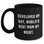 Developer Gifts from Mom - 'Developer By Day, World's Best Mom By Night.' Funny Quote Black Coffee Mug for Graduation
