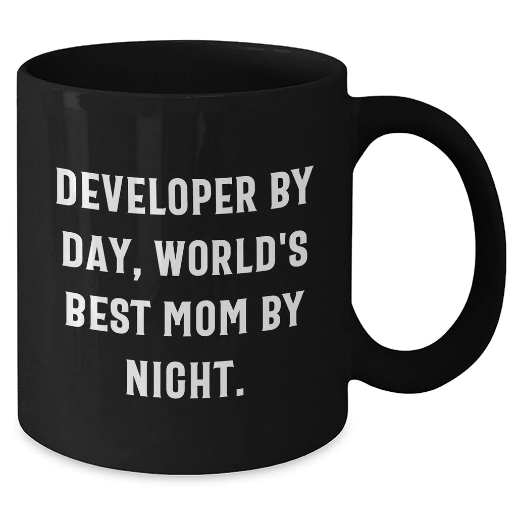 Developer Gifts from Mom - 'Developer By Day, World's Best Mom By Night.' Funny Quote Black Coffee Mug for Graduation