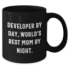 Developer Gifts from Mom - 'Developer By Day, World's Best Mom By Night.' Funny Quote Black Coffee Mug for Graduation