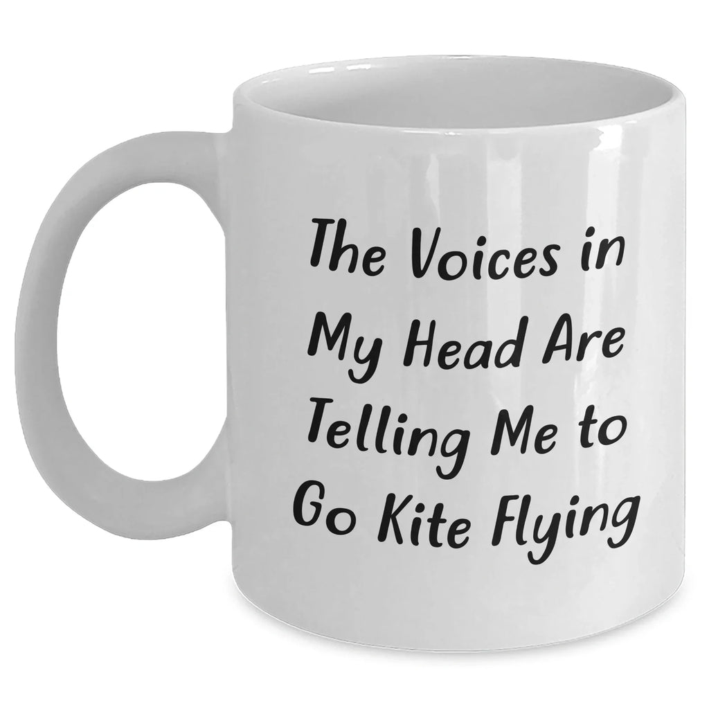 Funny Kite Flying Gifts from Mom to Dad - White Coffee Mug for Men - 'The Voices In My Head Are Telling Me To Go Kite Flying' - Unique Father's Day Unique Gift