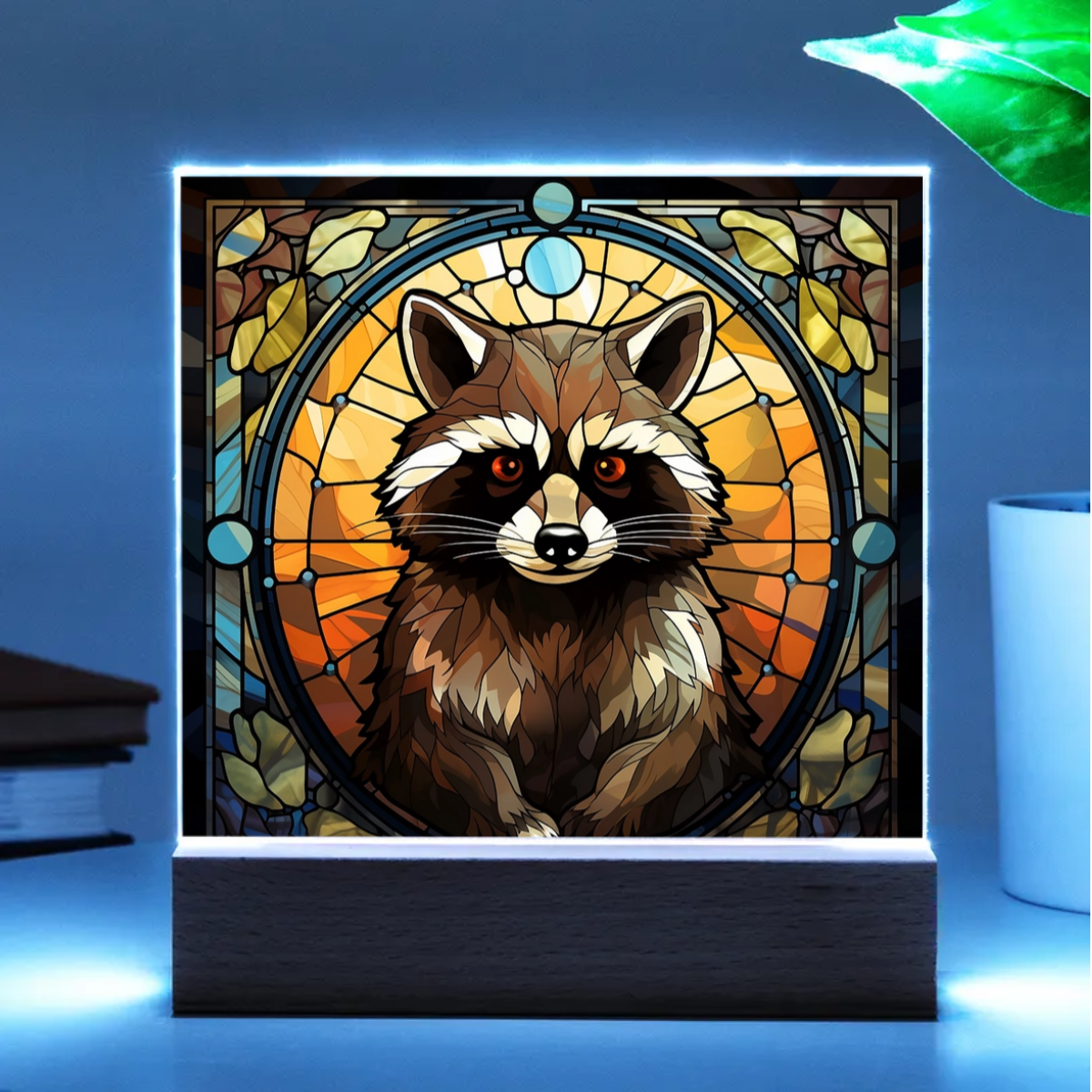 Raccoon Stained Glass Acrylic LED Light Plaque – Custom Animal Art Gift with Wooden Base