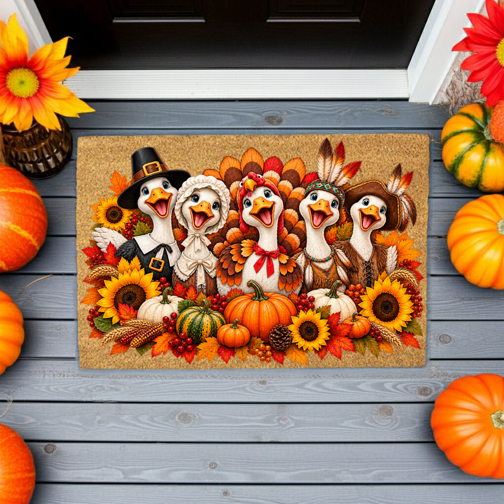 Thanksgiving Goose Doormat, Pilgrim Geese Welcome Mat, Funny Thanksgiving Porch Decor, Fall Coir Doormat, Harvest Front Door Mat