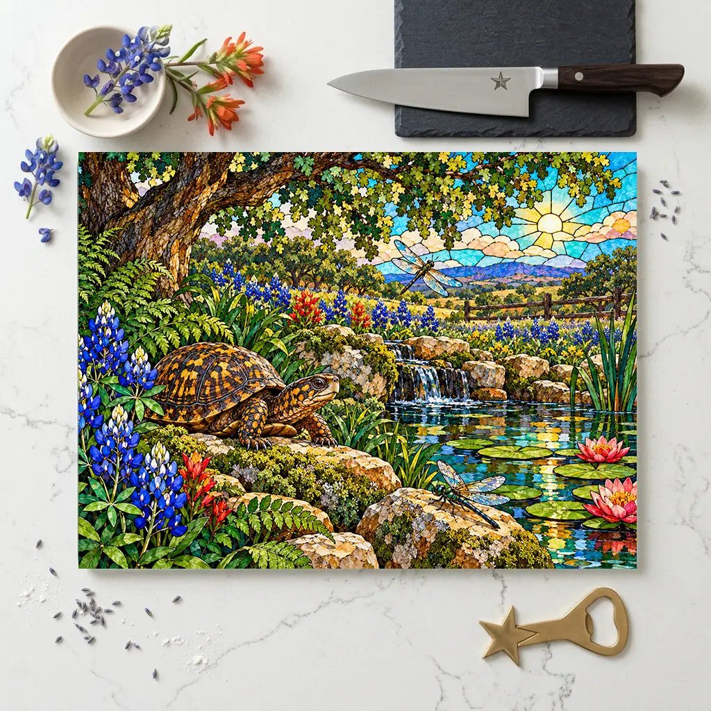 Box Turtle Glass Cutting Board, Texas Bluebonnet Kitchen Decor, Turtle and Dragonfly Gift, Wildlife Garden Cutting Board, Nature Decor