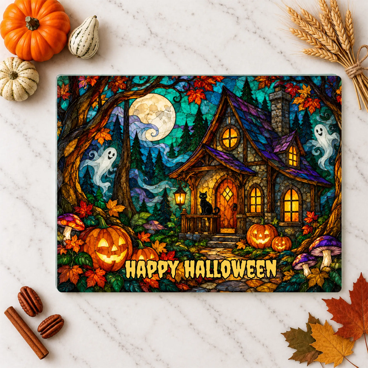 Halloween Haunted House Personalized Glass Cutting Board, Spooky Cottage Glass Kitchen Decor