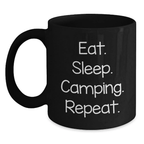 Funny Camping Gifts from Friends - Black Coffee Mug for Camping Lovers - Eat. Sleep. Camping. Repeat. Black Mugs for Men, Women, Coworkers, Family - Main