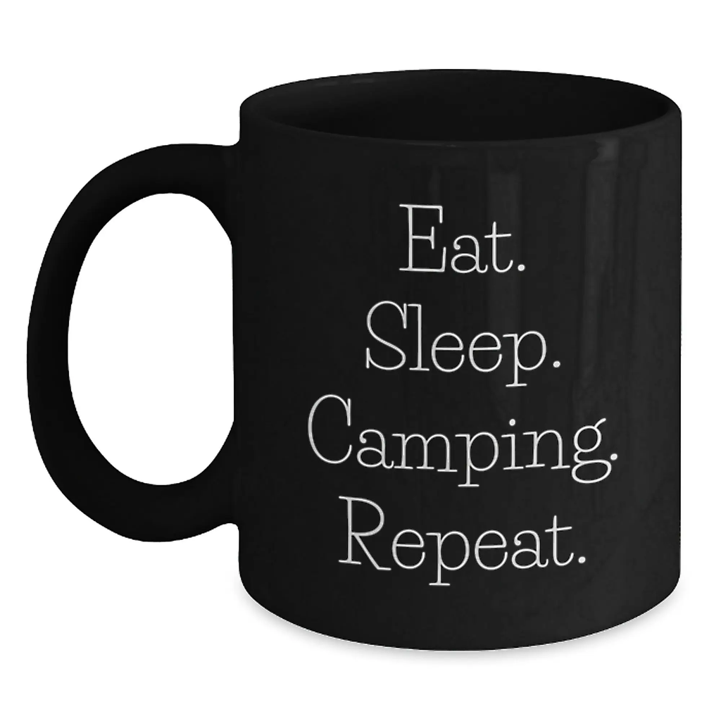 Funny Camping Mugs for Friends Gifts from Mom - Black Coffee Mug for Camping Lovers Eat. Sleep. Camping. Repeat. Birthday Unique Gifts - Main