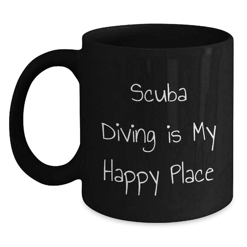 Scuba Diving Gifts for Men - Funny Quote Ceramic Coffee Mug, Father's Day Unique Gifts from Family to Dad, 'Scuba Diving Is My Happy Place' Black Coffee Mug - Main