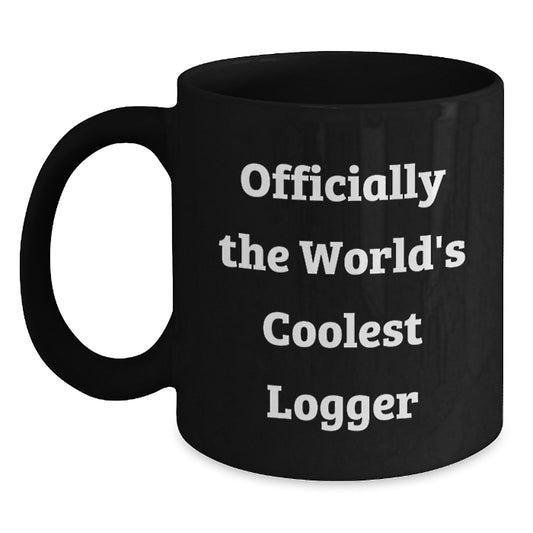 Funny Logger Gifts - 'Officially The Worlds Coolest Logger' Black Coffee Mug, Great Christmas Unique Gifts for Logger Men, Women, Friends, Family - Main