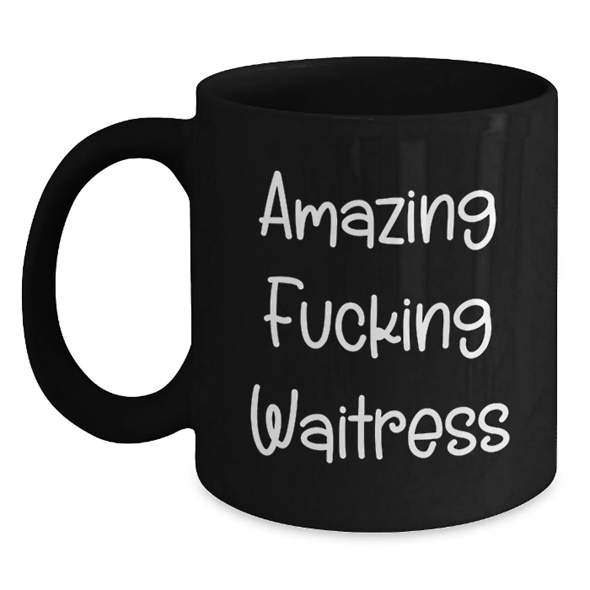 Funny Waitress Gifts from Men to Women, Black Coffee Mugs for Christmas, 'Amazing F--king Waitress' Quote, Unique Gifts for Coworkers or Family