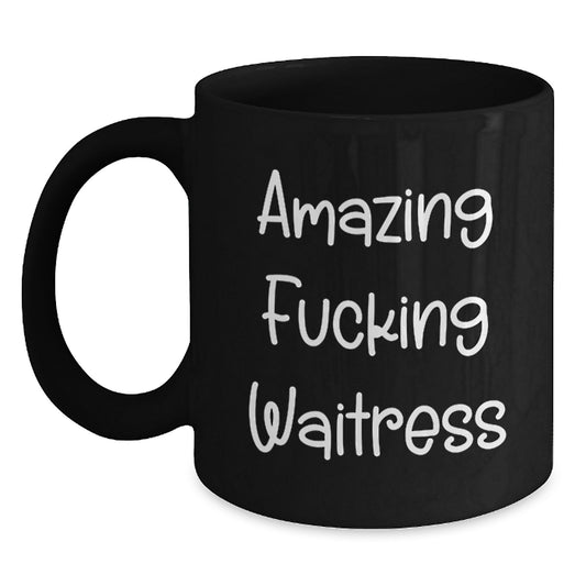 Funny Waitress Gifts from Men to Women, Black Coffee Mugs for Christmas, 'Amazing F--king Waitress' Quote, Unique Gifts for Coworkers or Family - Main