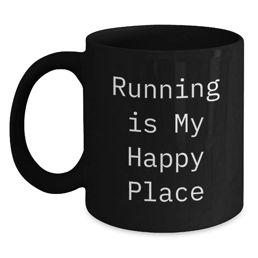 Funny Running Gifts for Him from Friends - 'Running Is My Happy Place' 11oz/15oz Black Coffee Mug for Men's Graduation Unique Gifts - Main