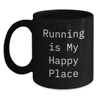 Funny Running Gifts for Him from Friends - 'Running Is My Happy Place' 11oz/15oz Black Coffee Mug for Men's Graduation Unique Gifts - Main