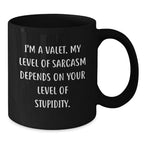 Valet Humor Funny Sarcasm Level Gifts from Men to Valet Black Coffee Mugs, Christmas Unique Gifts for Him