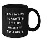 Funny Forester Gifts from Men to Friends - 'I'm Never Wrong' Black Coffee Mug, Christmas Unique Presents for Foresters, 11oz or 15oz Ceramic Mugs