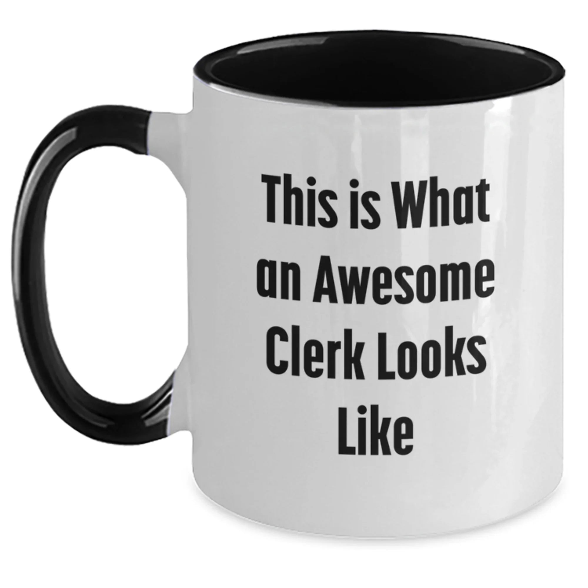 Funny Clerk Gifts for Women from Friends, Two Tone Coffee Mug Quote 'This Is What An Awesome Clerk Looks Like', Christmas Unique Gifts