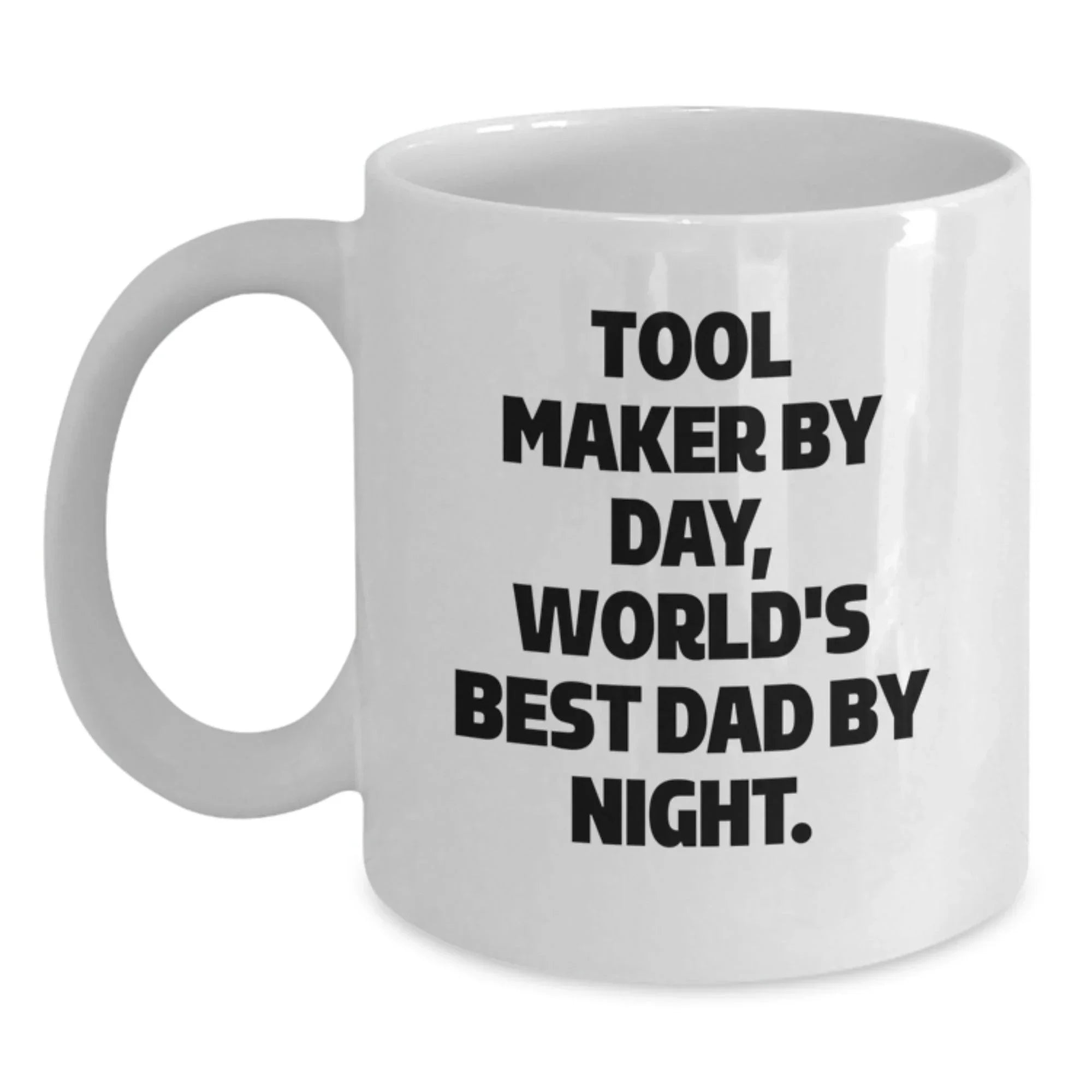 Tool Maker Gifts from Men for Tool Maker - Funny White Coffee Mug, 'By Day, World's Best Dad By Night.' Ceramic, Microwave and Dishwasher Safe