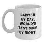 Funny Lawyer Gifts for Mom, White Coffee Mug with 'Lawyer By Day, World's Best Mom By Night.' Quote, Perfect Unique Christmas Unique Gifts from Family to Lawyer