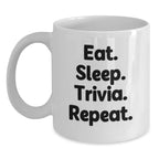 Trivia Enthusiast Gifts for Men, Funny White Coffee Mug with Eat. Sleep. Trivia. Repeat., Perfect Christmas Unique Gifts from Friends