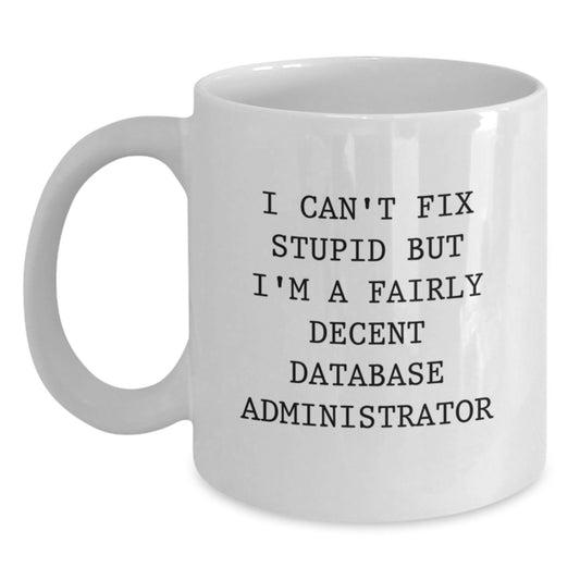 Funny Database Administrator White Coffee Mug Gifts from Men to Friends for Christmas - I Can't Fix Stupid - Main