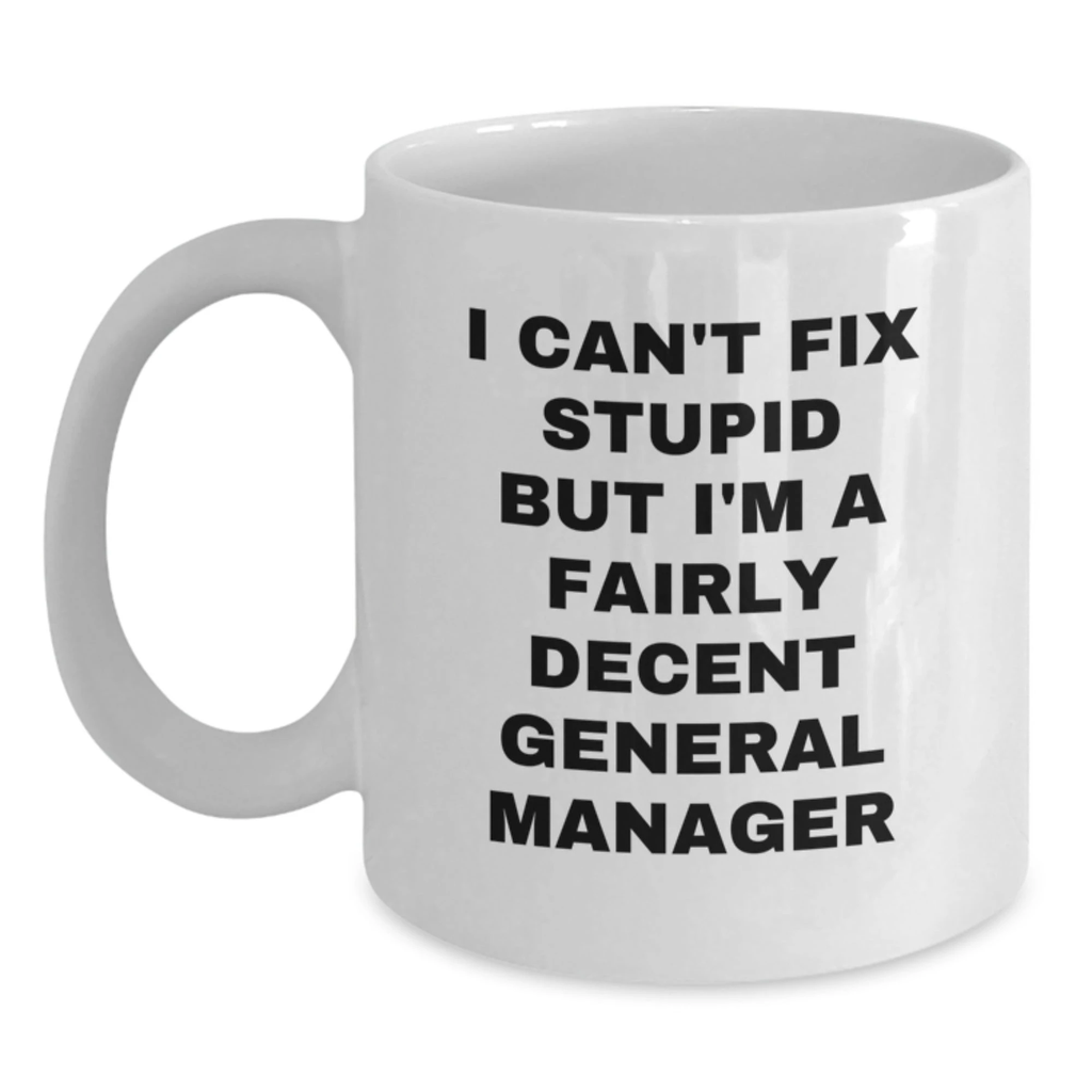 General Manager Gifts from Men, Funny White Coffee Mugs for Christmas Unique Presents, Perfect for General Manager Quotes, I Can't Fix Stupid But I'm A Fairly Decent General Manager Mug