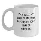 Funny Valet Gifts from Friends for Christmas Unique White Coffee Mugs, I'm A Valet, My Level Of Sarcasm Depends On Your Level Of Stupidity.