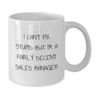 Funny Sales Manager Gifts from Friends for Christmas Unique Mug, I Can't Fix Stupid But I'm A Fairly Decent Sales Manager, White Coffee Mug Gift