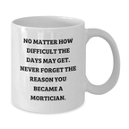 Mortician Graduation Unique Gifts from Friends to Mortician Men, Funny White Coffee Mug, Never Forget the Reason You Became a Mortician, Inspirational and Cute Quote - Additional