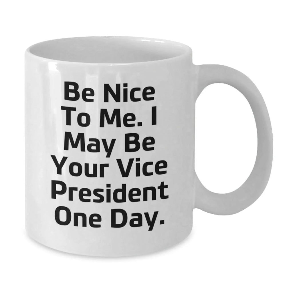 Funny Vice President Gifts from Friends for Birthday, 'Be Nice To Me. I May Be Your Vice President One Day.' White Coffee Mug