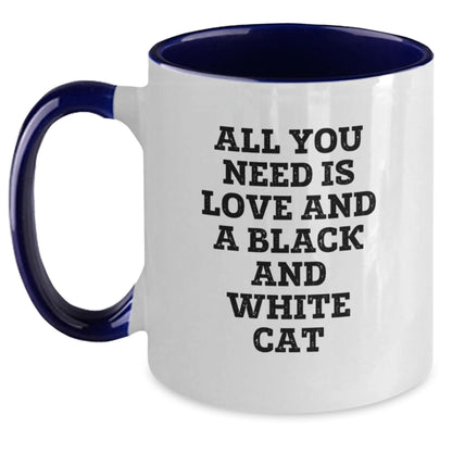 Funny Black and White Cat Gifts from Men to Friends for Graduation - Two Tone Coffee Mug with Quote 'All You Need Is Love And A Black And White Cat' - Main