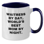 Christmas Unique Gifts for Waitress - Funny Quote Two Tone Coffee Mug, Gifts from Mom to Waitress, 'Waitress By Day, World's Best Mom By Night' - Ceramic, 11oz, Microwave and Dishwasher Safe