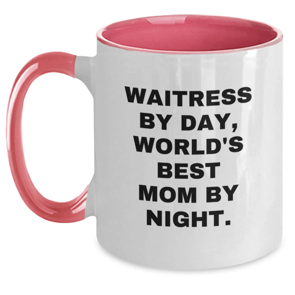 Christmas Unique Gifts for Waitress - Funny Quote Two Tone Coffee Mug, Gifts from Mom to Waitress, 'Waitress By Day, World's Best Mom By Night' - Ceramic, 11oz, Microwave and Dishwasher Safe
