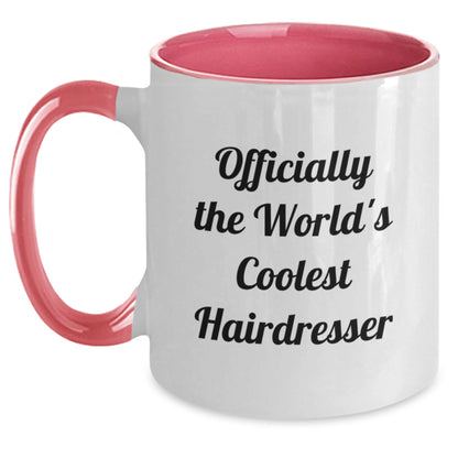 Funny Hairdresser Gifts from Friends - Two Tone Coffee Mug for Graduation - 'Officially The World's Coolest Hairdresser' Quote - Main
