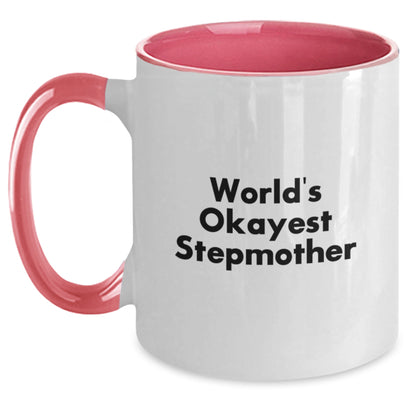 Funny Stepmother Gifts, World's Okayest Stepmother Two Tone Coffee Mug for Birthday, Gifts from Family, Stepmother's Special Day, Unique and Humorous - Main