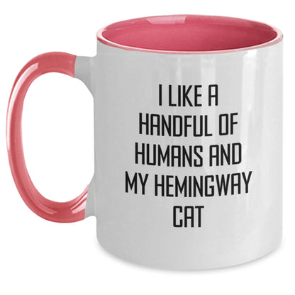 Funny Hemingway Cat Gifts - I Like A Handful Of Humans And My Hemingway Cat, Two Tone Coffee Mug for Birthday from Men to Women - Main