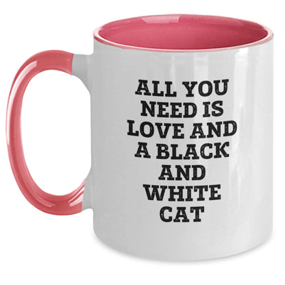 Funny Black and White Cat Gifts from Men to Friends for Graduation - Two Tone Coffee Mug with Quote 'All You Need Is Love And A Black And White Cat' - Main