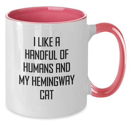 Funny Hemingway Cat Gifts - I Like A Handful Of Humans And My Hemingway Cat, Two Tone Coffee Mug for Birthday from Men to Women - Additional