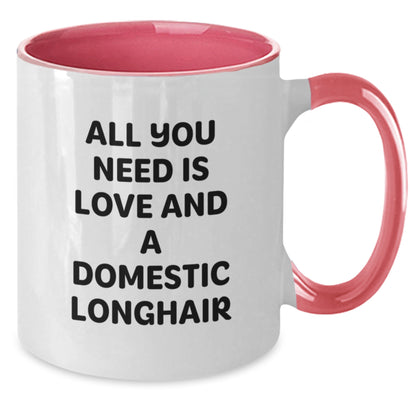 Funny Domestic Longhair Cat Lover Gifts from Friends to Family for Graduation - 'All You Need Is Love And A Domestic Longhair' Quote on Two Tone Coffee Mug - Additional