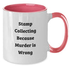 Funny Stamp Collecting Gifts for Men from Coworkers, Unique Graduation Mug for Stamp Enthusiasts, Two Tone Coffee Mug with Quote 'Stamp Collecting Because Murder Is Wrong'
