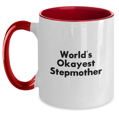 Funny Stepmother Gifts, World's Okayest Stepmother Two Tone Coffee Mug for Birthday, Gifts from Family, Stepmother's Special Day, Unique and Humorous - Main