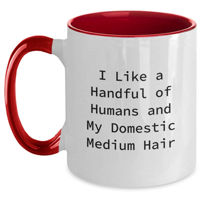 Funny Domestic Medium Hair Cat Gifts from Men to Friends - I Like A Handful Of Humans And My Domestic Medium Hair Two Tone Coffee Mug for Christmas Unique Gifts - Main