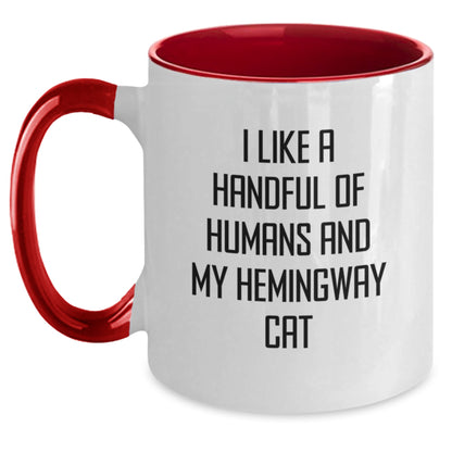 Funny Hemingway Cat Gifts - I Like A Handful Of Humans And My Hemingway Cat, Two Tone Coffee Mug for Birthday from Men to Women - Main