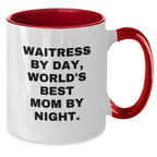 Christmas Unique Gifts for Waitress - Funny Quote Two Tone Coffee Mug, Gifts from Mom to Waitress, 'Waitress By Day, World's Best Mom By Night' - Ceramic, 11oz, Microwave and Dishwasher Safe