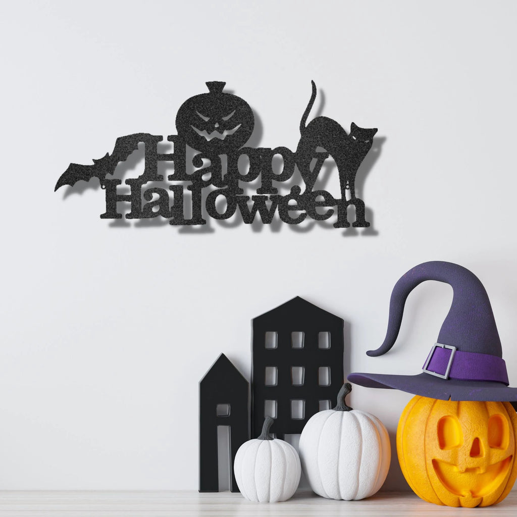 Happy Halloween Metal Wall Art Sign – Pumpkin Bat Cat Halloween Decor – Outdoor Powder Coated Steel Sign – Spooky Farmhouse Porch Decor