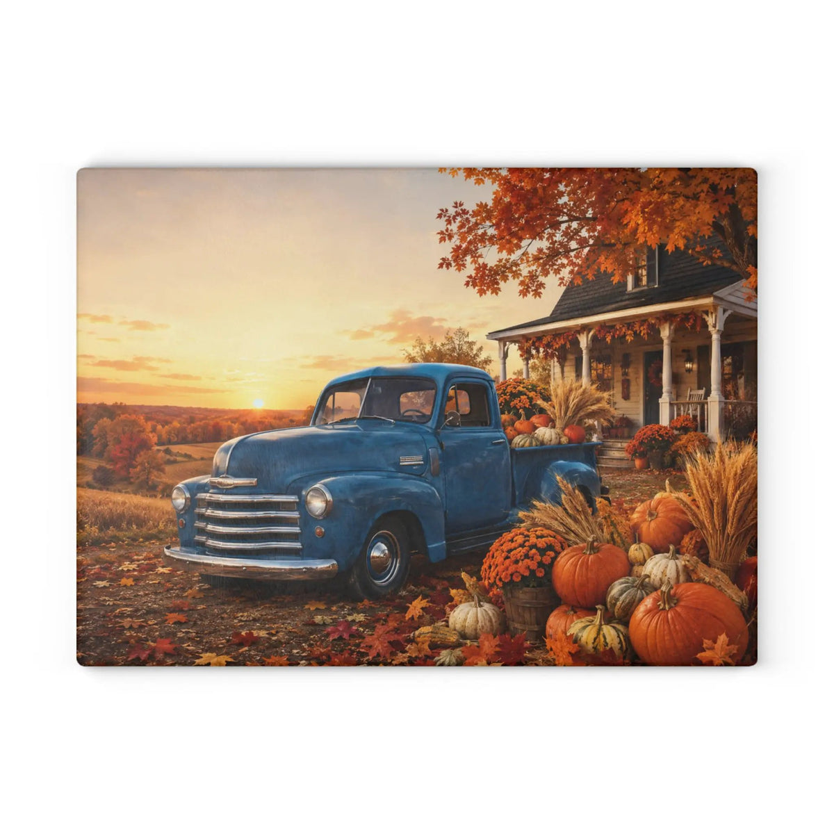 Vintage Blue Truck Autumn Glass Cutting Board — Fall Pumpkin Farm Kitchen Decor