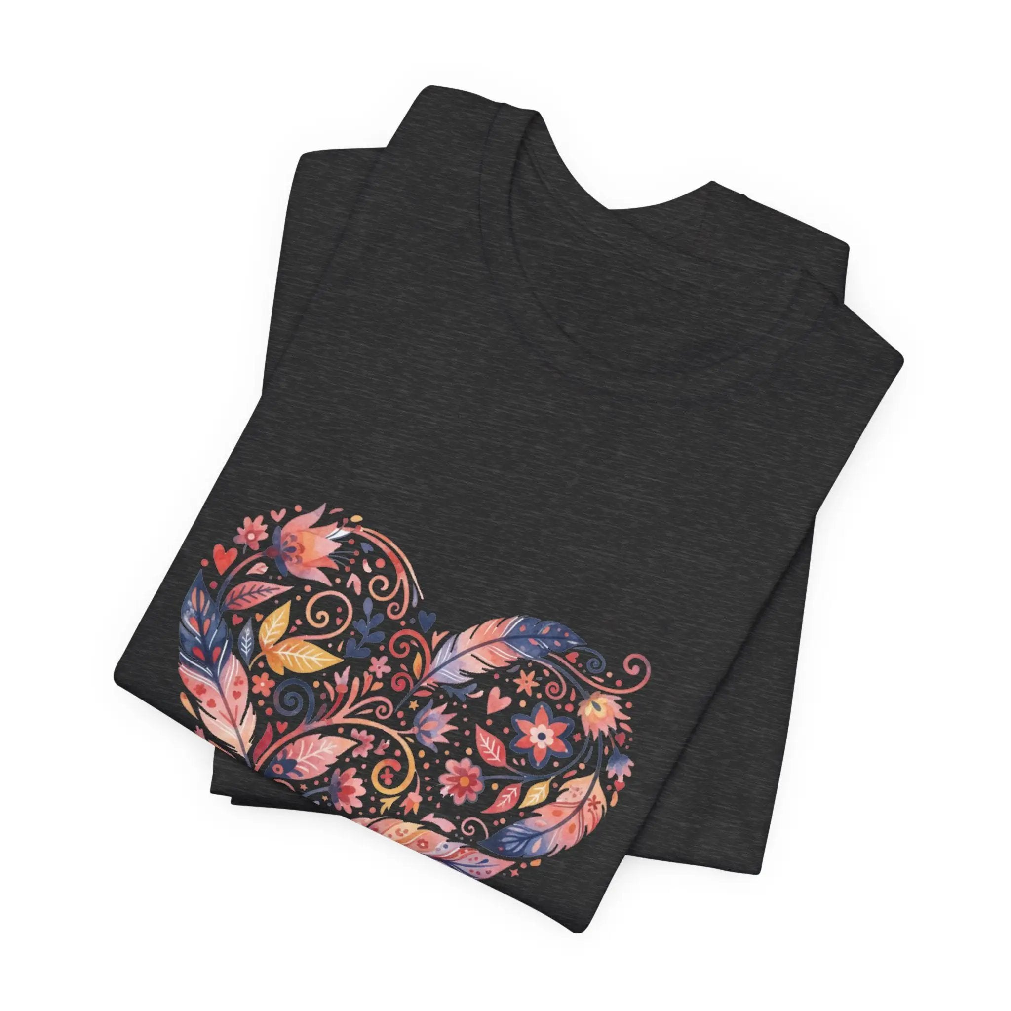 Floral Heart Graphic Tee — Boho Feather & Flower Design - Mallard Moon