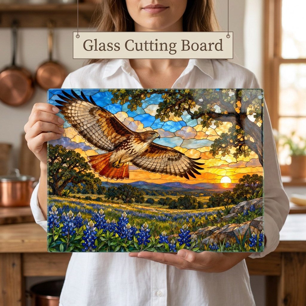 Red-Tailed Hawk Glass Cutting Board, Wildlife Kitchen Decor, Bird Lover Gift, Scenic Sunset Countryside Chopping Board, Nature Home Accent