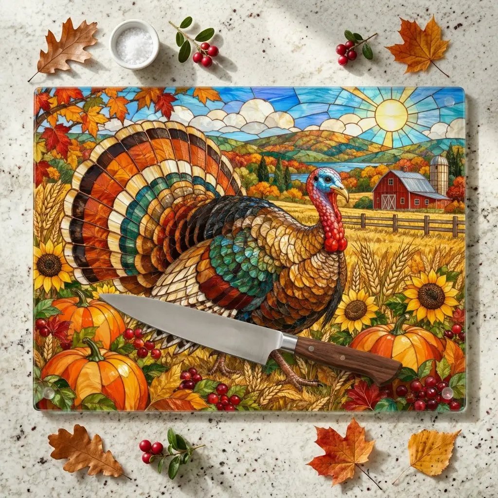 Thanksgiving Turkey Glass Cutting Board, Farmhouse Fall Kitchen Decor, Harvest Turkey Chopping Board, Autumn Hostess Gift