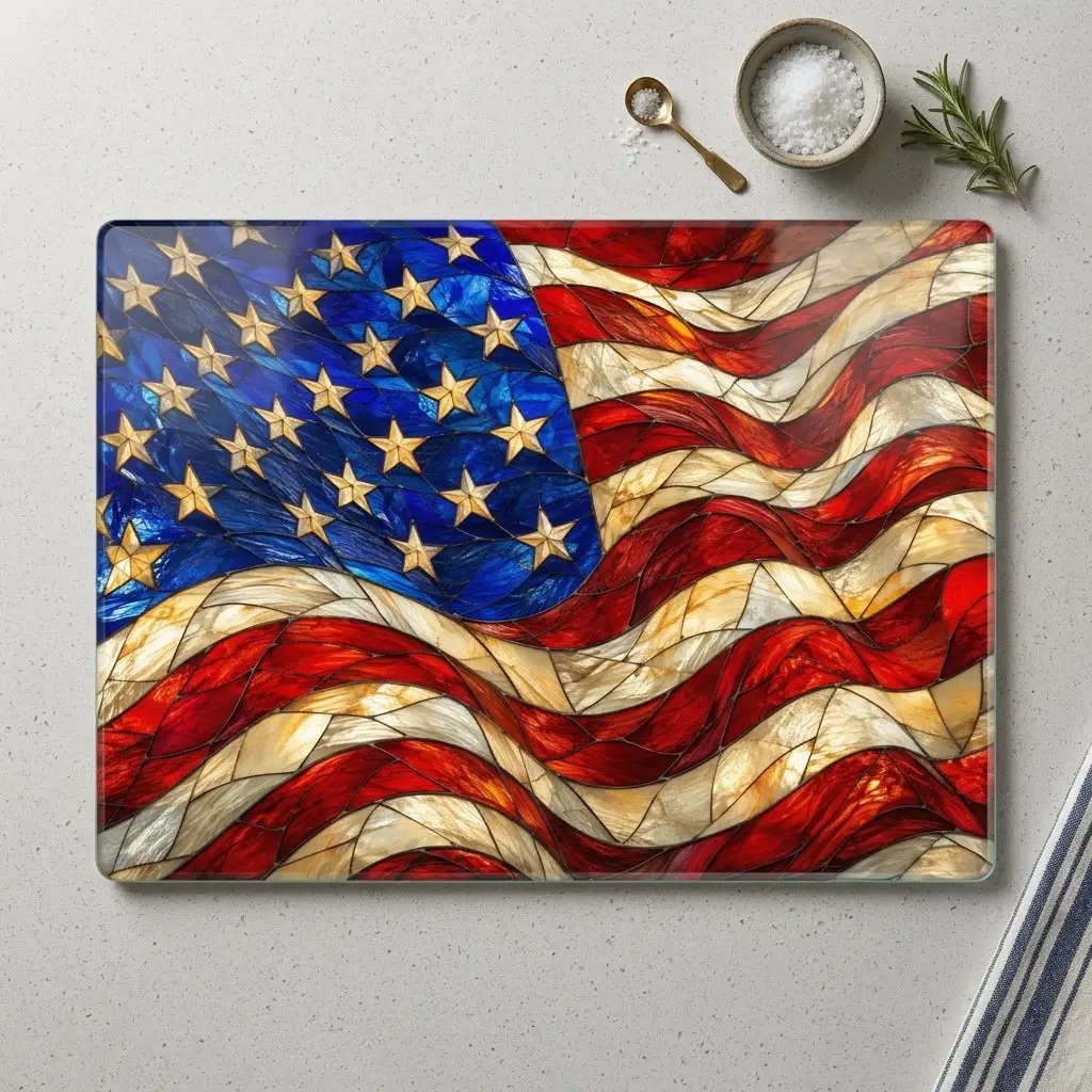 American Patriotic Flag Glass Cutting Board, Stained Glass Style USA Flag, Americana Kitchen Decor, Patriotic Gift