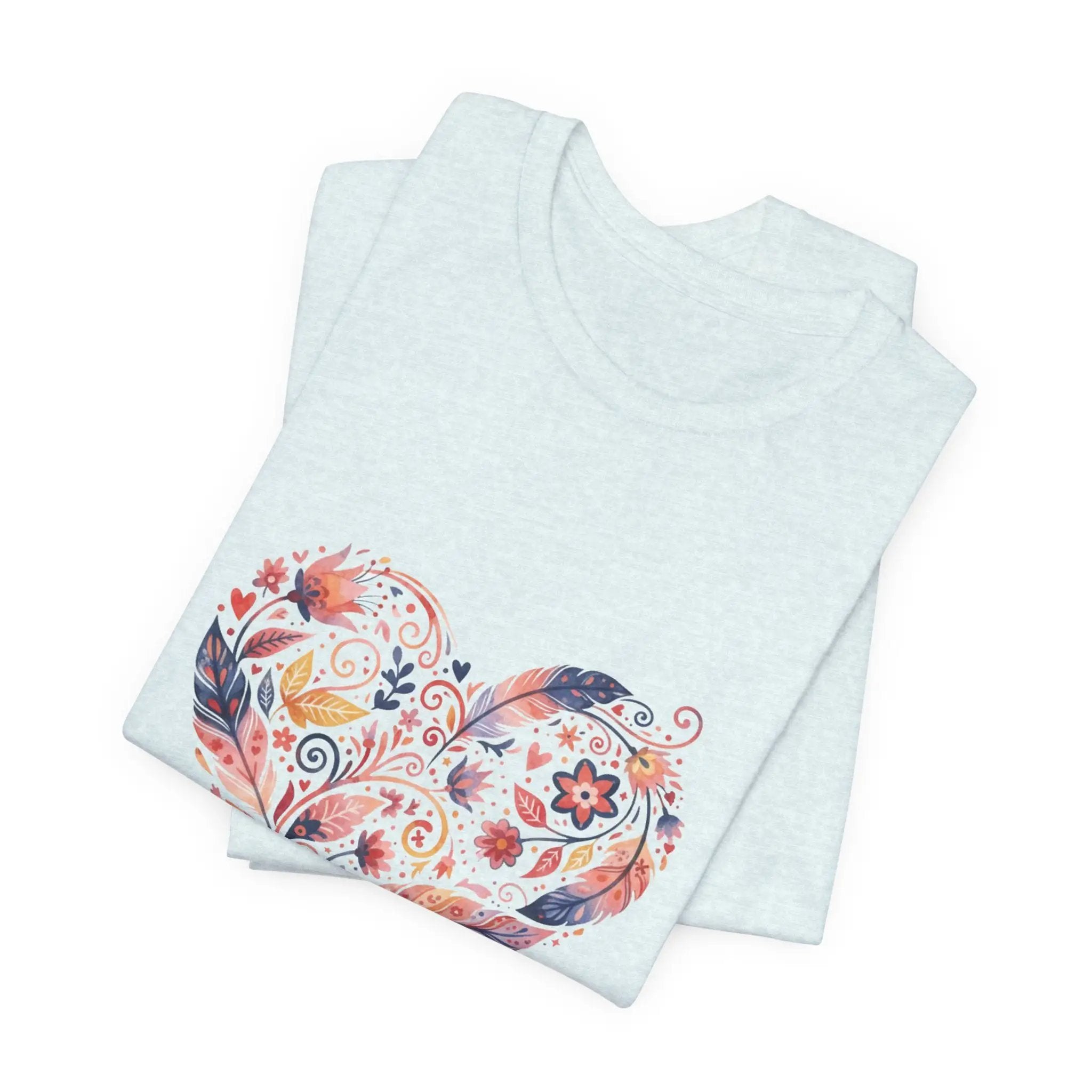 Floral Heart Graphic Tee — Boho Feather & Flower Design - Mallard Moon